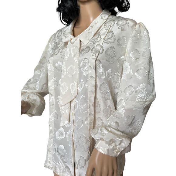 Vintage JOZELL Puff Sleeve 80's cream floral print blouse with necktie size 9/10 - Picture 2 of 16